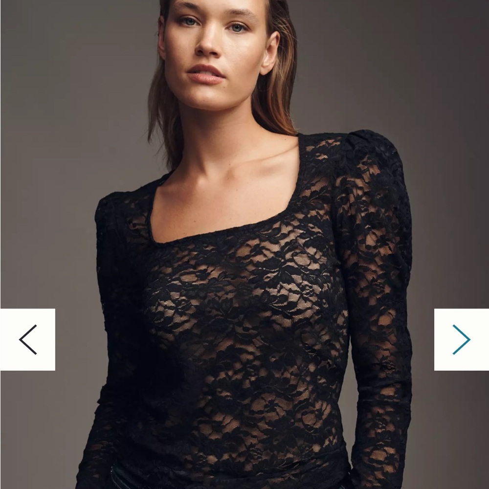 By Anthropologie Puff-Sleeve Sheer Lace Top